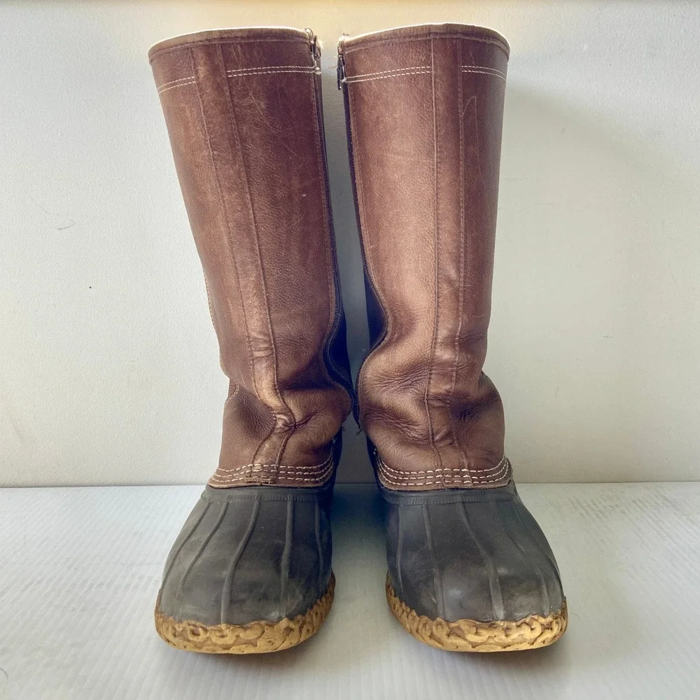 LL Bean Shearling Lined Tall Bean Boots Brown Leather Rubber Side Zip Womens 9